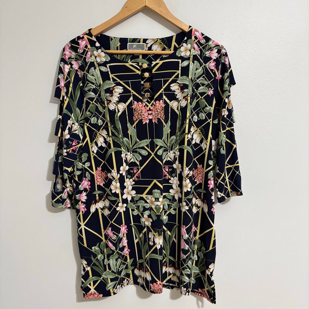JM Collection Floral Blouse 3/4 Sleeve Women's Large Corporate Fairy